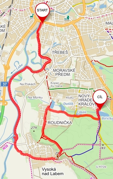 podél Labe nad Vysokou a ke 4 rybníkům – trasa