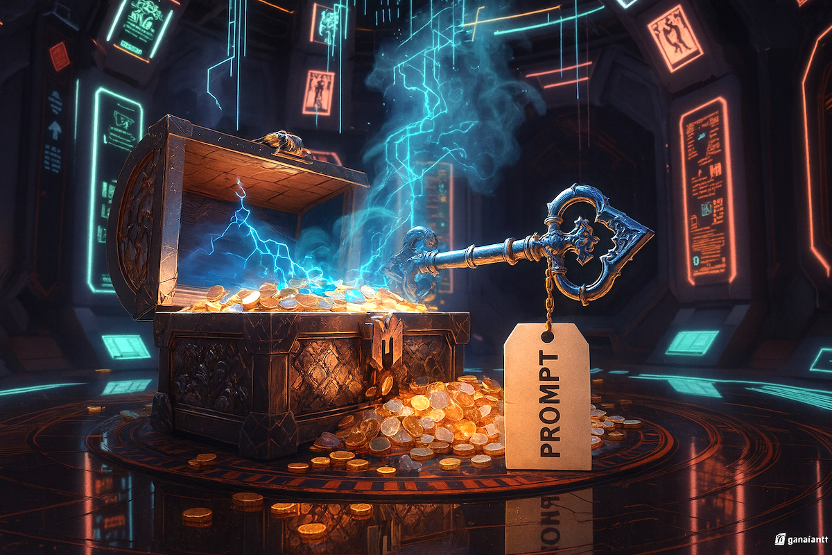 futuristicka komnata s pokladem a prompt klíčem