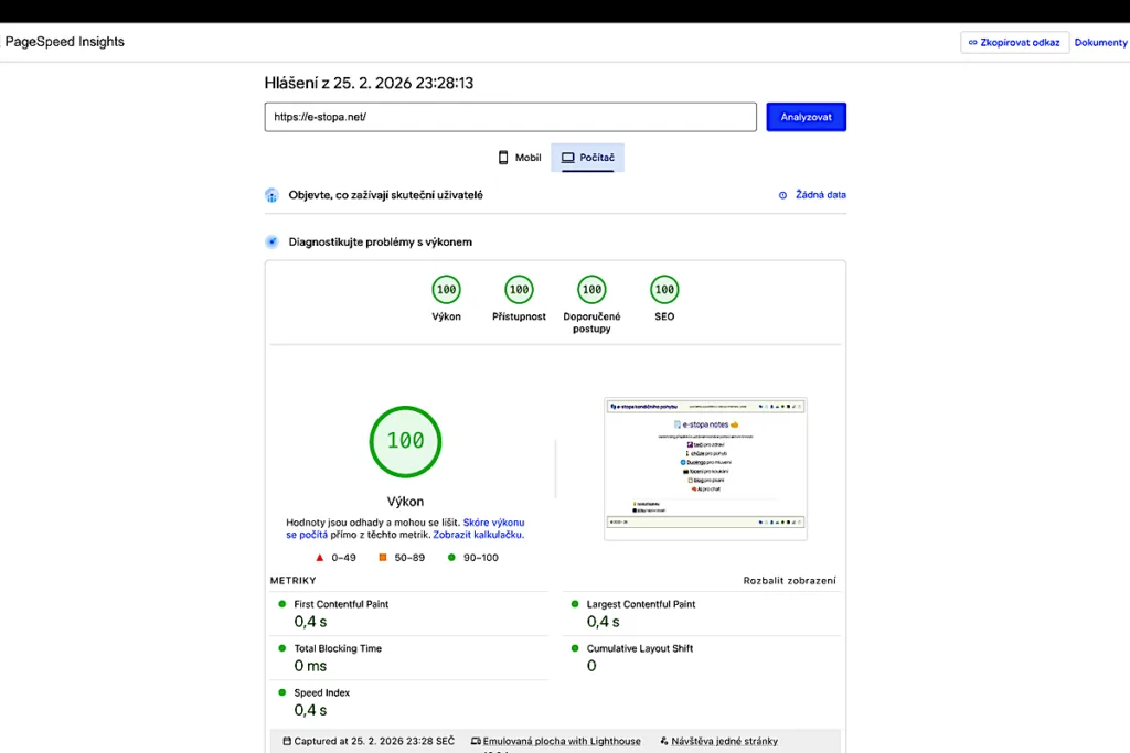 🏆 4×100 v PageSpeed Insights pro mobil i desktop – e-stopa čistá 2 PageSpeed desktop 100