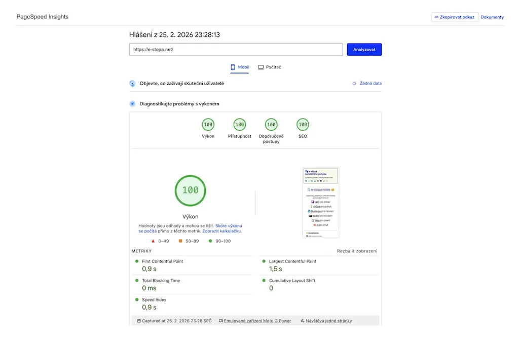 🏆 4×100 v PageSpeed Insights pro mobil i desktop – e-stopa čistá