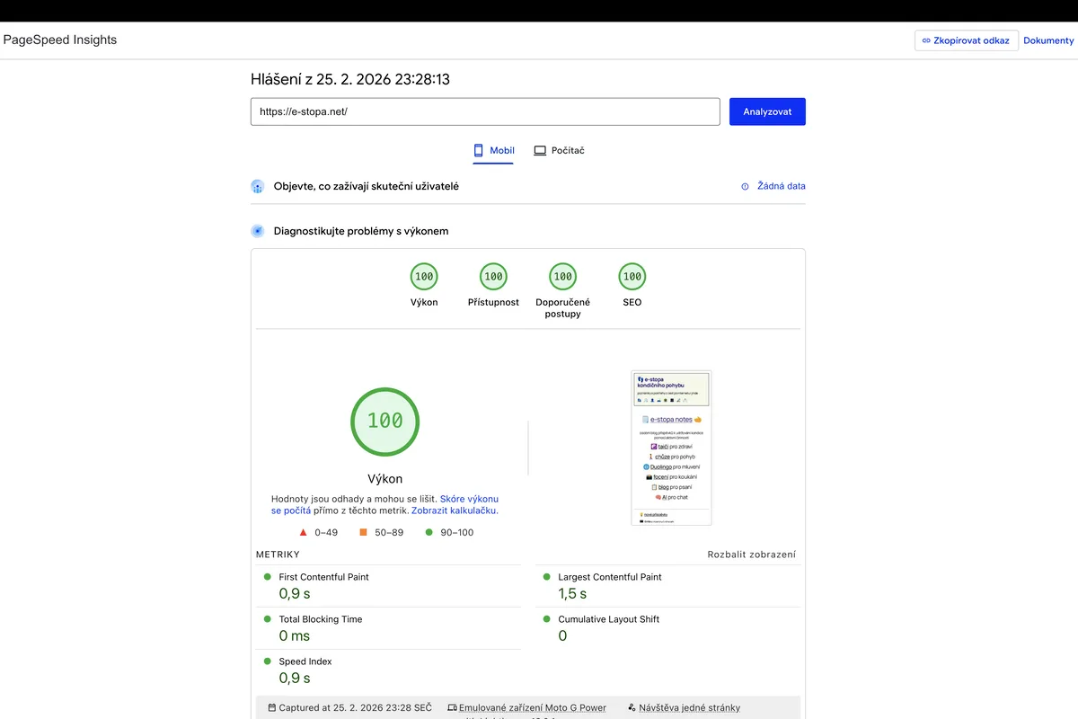 🏆 4×100 v PageSpeed Insights pro mobil i desktop – e-stopa čistá